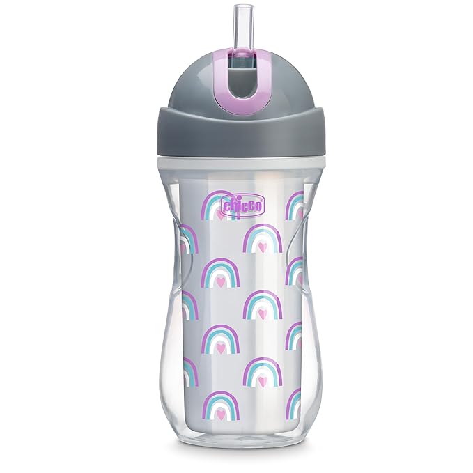 Chicco Insulated Straw Sippy Cup 12+ Months, 9oz Toddler Training Cup with Spill-Free Flip-Top Lid, BPA-Free 2-Pack, Silver/Purple Rainbow