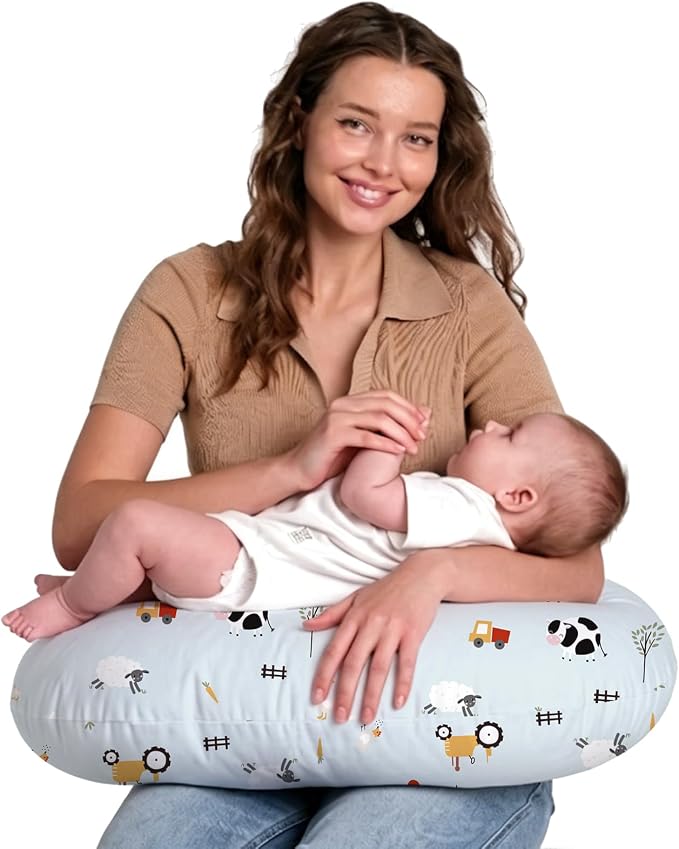Little Grape Land Nursing Pillow for Breastfeeding, Soft and Supportive Breastfeeding Pillow for Mom and Baby, Cute Feeding Pillow with Removable Cover for 0–12 Months, Blue Ranch