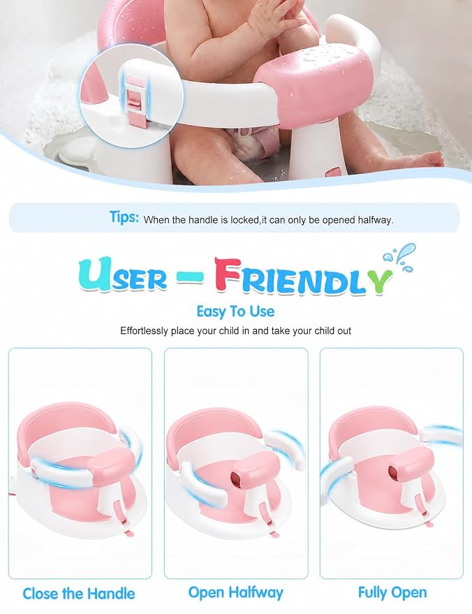 Baby Bath Seat for Babies 6 Months & up with Suction Cups, Non-Slip Infant Bath Chair, Ergonomic Baby Bathtub Seats for Babies Sitting Up, BPA-Free Toddler Bath Seat, Easy-Release Pull Tab, Pink