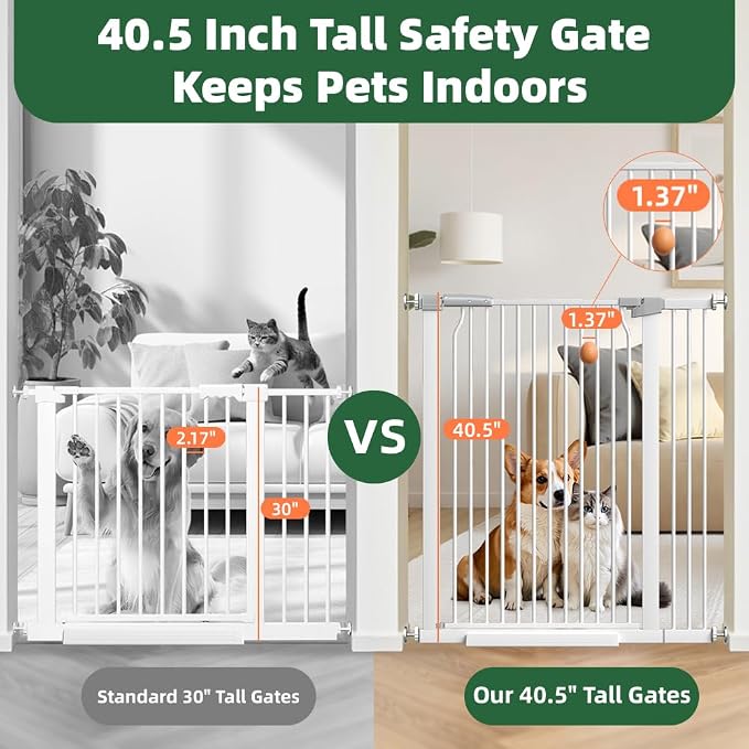 41" Tall Wide Baby Gate for Doorways Stairs, 54.7"-60.2" Extra Tall Dog Pet Gates Pressure Mounted, Large High Child Kid Safety Door Walk Thru, Auto Close Cat Proof Hallway Kitchen Indoor House, White