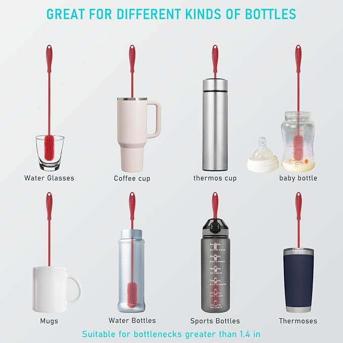 15.7" Silicone Bottle Brush, ddLUCK Water Bottle Cleaner Brush for Stanley, Hydroflasks, Glass, Thermos Sports Bottle, Vase and Glassware, Bottle Brush Cleaner for Small Narrow Neck Containers (Red)