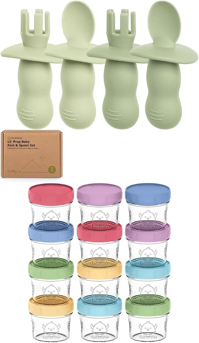 Keababies 4-Pack Silicone Baby Spoons and Forks Set and 12-Pack Baby Food Glass Containers - Baby Spoon Self Feeding, BLW Baby Utensils - 4 oz Leak-Proof, Microwavable, Baby Food Storage Container