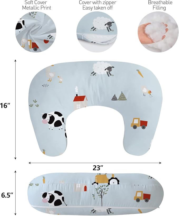 Little Grape Land U-Shaped Nursing Pillow with Washable Cover, Blue Ranch | Ergonomic U-shaped breastfeeding support pillow for mom and baby, featuring a soft, breathable and washable cover.