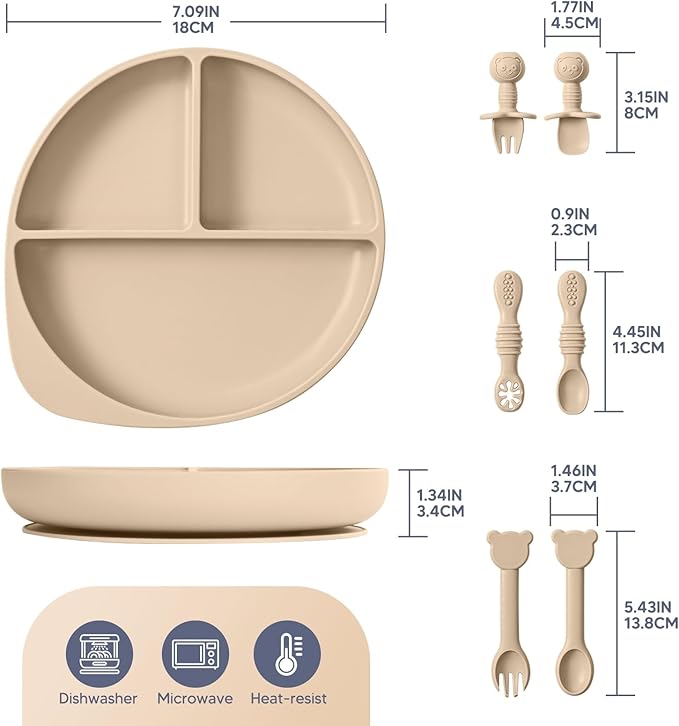 7-Piece Silicone Baby Feeding Set - Divided Suction Plate with 3 Sets of Spoons and Forks, BPA-Free Toddler Plates for Baby-Led Weaning & Self Feeding, Dishwasher & Microwave Safe