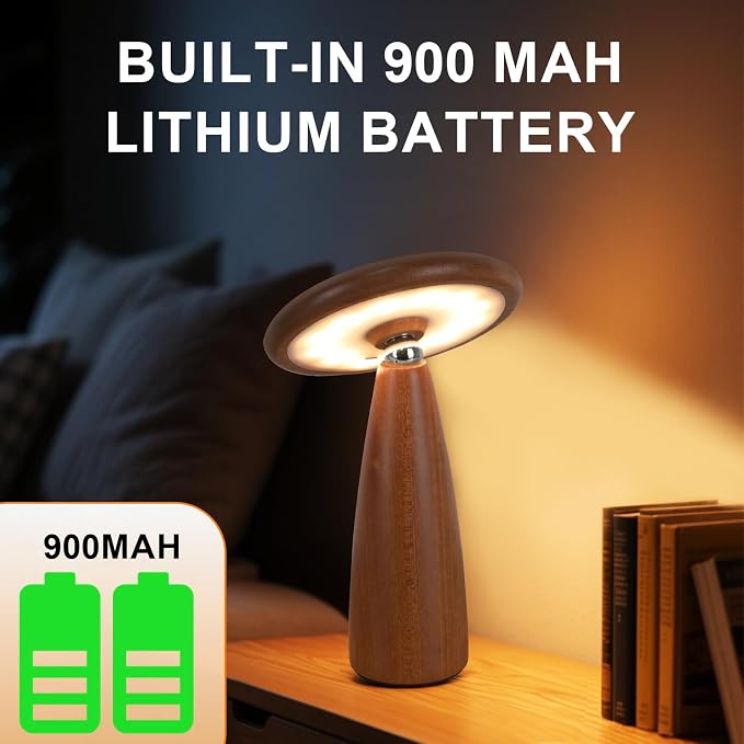 LONRISWAY LED Wood Portable Cordless Touch Switch Small Wooden Mushroom Lamp,Rechargeable Battery Operated, Stepless Dimming, 360 Degree Rotation Angle Adjustable Night Light