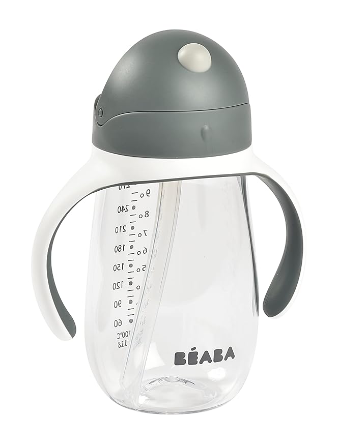 Beaba Straw Sippy Cup, Toddler Baby Straw Cup with Removable Handles, Leak and Spill Proof, BPA Phthalate Free, 8+ Months, 10 oz, Charoal