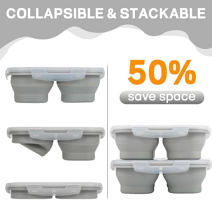 Collapsible Silicone Food Storage Container, 4-Compartment Snack Containers Portion Control with Clip-on Lid, Stackable, Space Saving, Microwave/Fridge/Freezer/Dishwasher Safe (3)