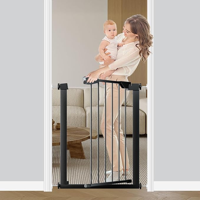 Fairy Baby 22.8"-25.5" Narrow Baby Gate for Stair, Pressure Mounted Auto-Close Pet Gate for Small Walk Thru and Doorways, Safety Child Gate No Drilling, No Extensions, Black