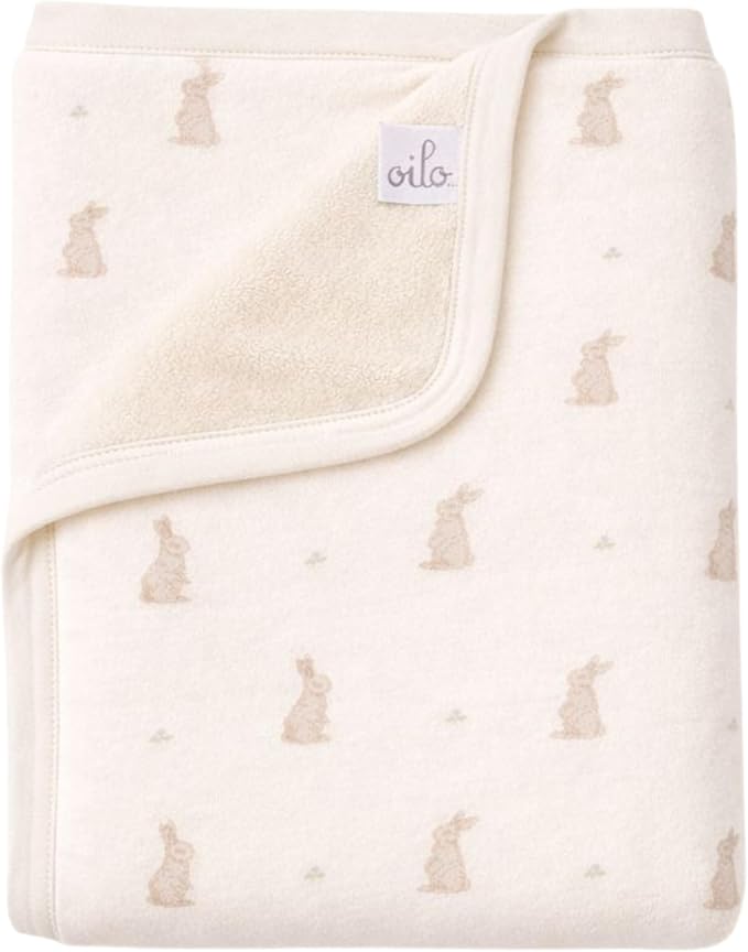 Oilo Bunny Baby Blanket, Rabbit Baby Blanket with Ultra, Soft Plush Backing & Organic Cotton Jersey Print, Double, Layered 30x40 Blanket for Newborns & Toddlers