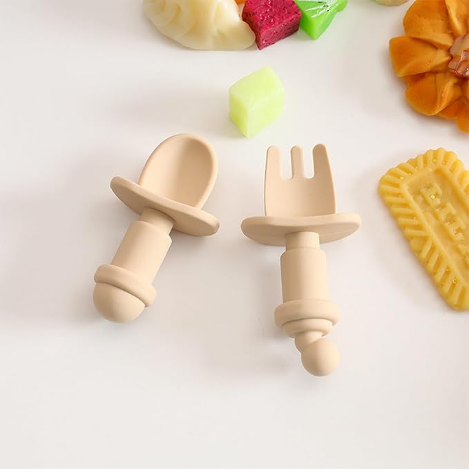 Baby Suction Plate Silicone, 5 Piece Baby Feeding Set - Non Slip Unique Trains Toddler Plates with Fork Spoon, Kids Baby Weaning Plate for No More Meal Time Mess (Beige)