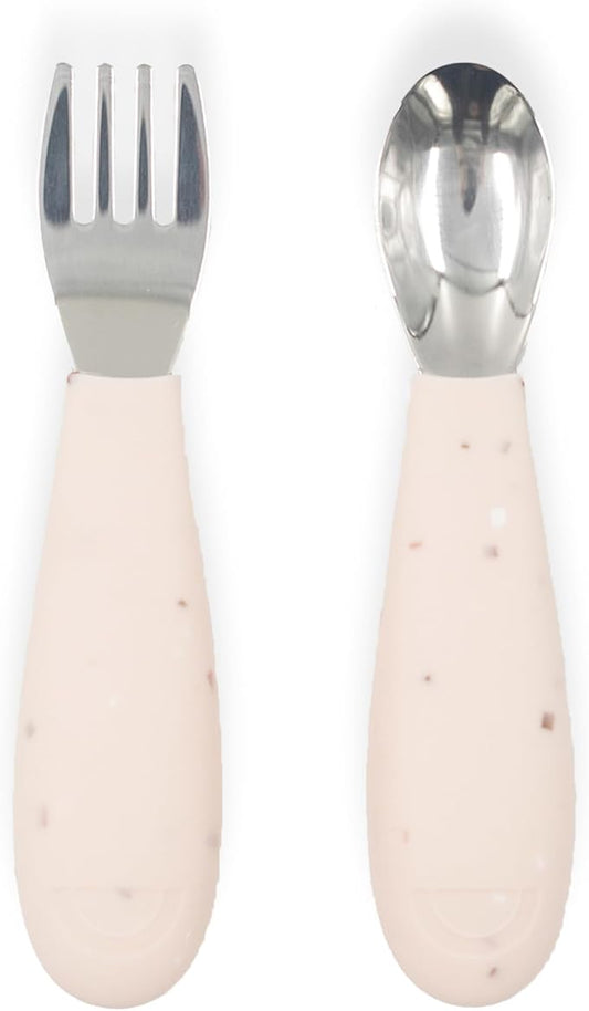 Yeah Baby Goods Silicone Toddler Fork & Spoon (Blush Speckle) - Easy Grip, Stainless Steel Kids Cutlery Set - Dishwasher Safe, Food Grade Silverware for Babies - Self-Feeding Toddler Utensils Set