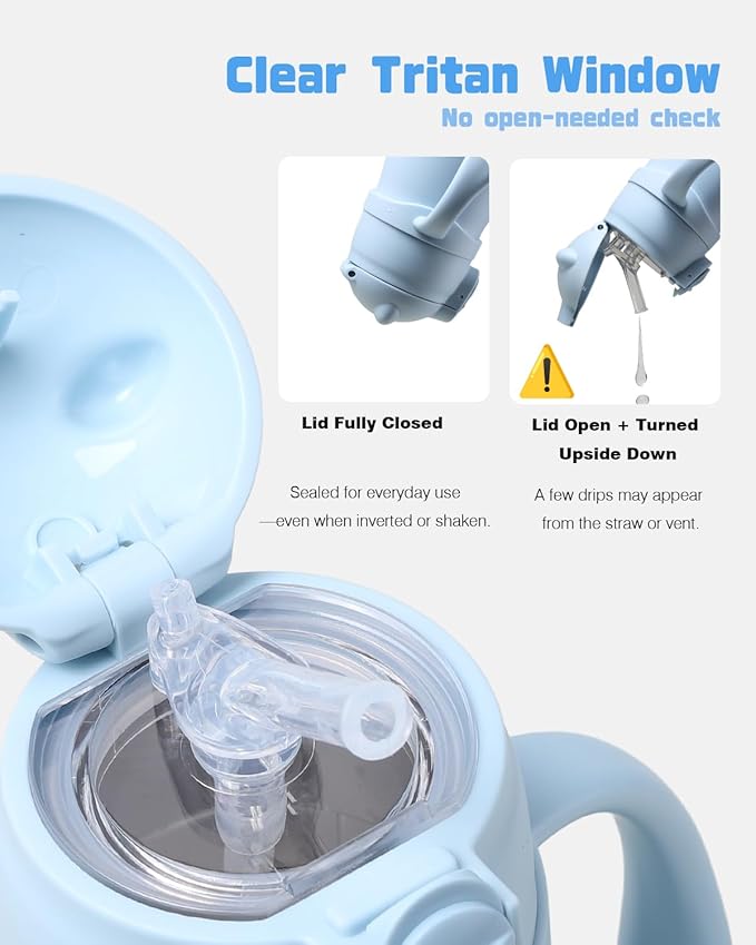 Bakpoco Stainless Steel Straw Sippy Cup for Toddlers 1-3 Years Old, Insulated Toddler Water Bottle Baby Training Tumbler with Handles & Strap, 9oz Kids Straw Cups for Travel Daycare, Blue Bear 1-Pack