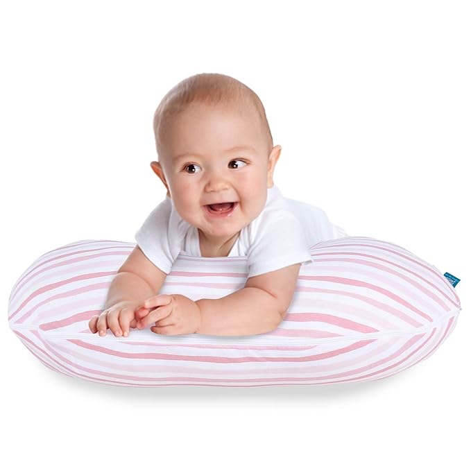 Biloban Nursing Pillow Cover 2 Pack Pink and Gray, Stretchy 100% Jersey Cotton Nursing Pillow Slipcovers for Moms Breastfeeding and Bottle Feeding Pillow, Large Zipper Ultra Soft Cover
