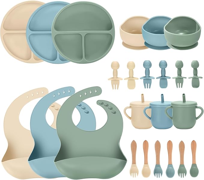 24 PCS Silicone Baby Feeding Set, Baby Led Weaning Supplies Includes Suction Bowls and Divided Plates, Adjustable Silicone Bib, Spoons&forks, Training cup with straw (Green+Blue+Beige)