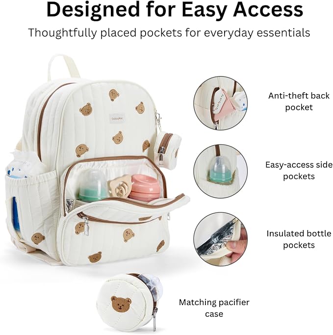 GOBABYMART Large Diaper Bag Backpack with Changing Pad, Insulated Bottle Pockets, Travel & Hospital Bag for Mom & Dad (Large - Beige Bears)