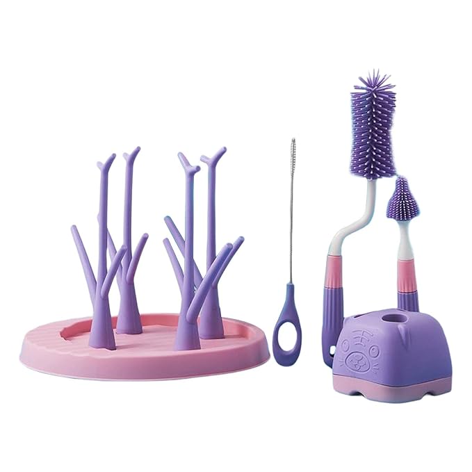 Baby Bottle Drying Rack with Bottle Brush Set, Baby Bottle Holder Baby Bottle Rack and Baby Bottle Brush Cleaner, Violet