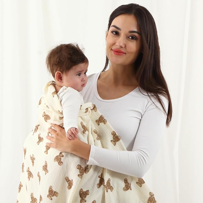 insular Muslin Swaddle Blankets for Boys Girls, 2 Pack Receiving Baby Blanket Large 47 x 47 inches, Soft Breathable Swaddling Wrap for Unisex Newborn, Teddy Bear&Checkered