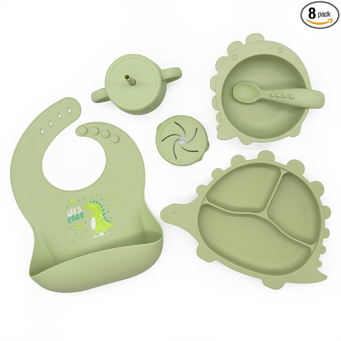 Rainbow & Butterflies |8 Piece| DINO Silicone Baby Feeding Set – |Bib, Suction Bowl, Suction Plate, Sippy Cup, 2-in-1 Straw & Snack Cup Lid, Straw & Spoon| – Food Grade Silicone, BPA Free (Olive)