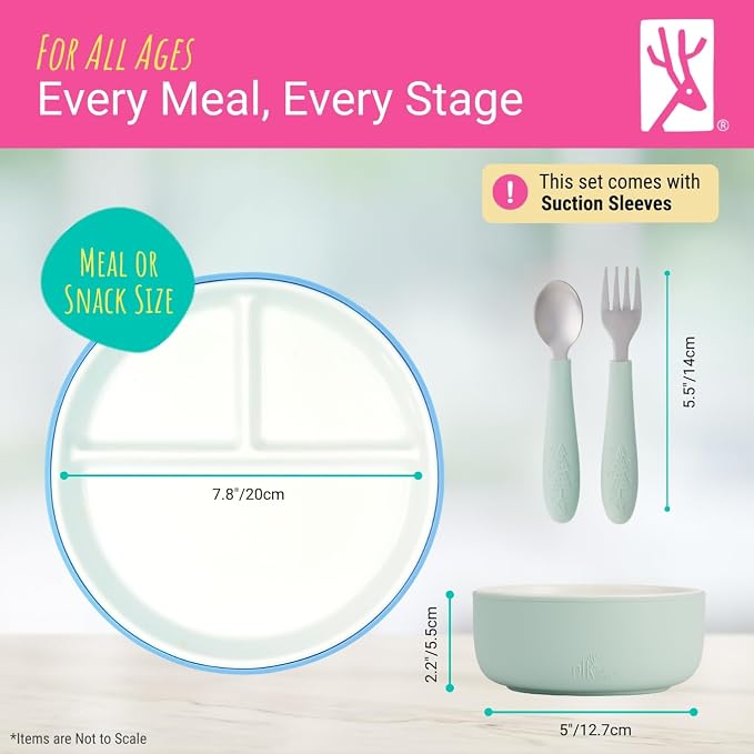 Elk and Friends Kids Porcelain Mealtime Bundle with Suction Sleeves | Plates, Bowls + Toddler Utensils | Silicone Sleeves | For Meals + Snacks | Microwave + Dishwasher Safe
