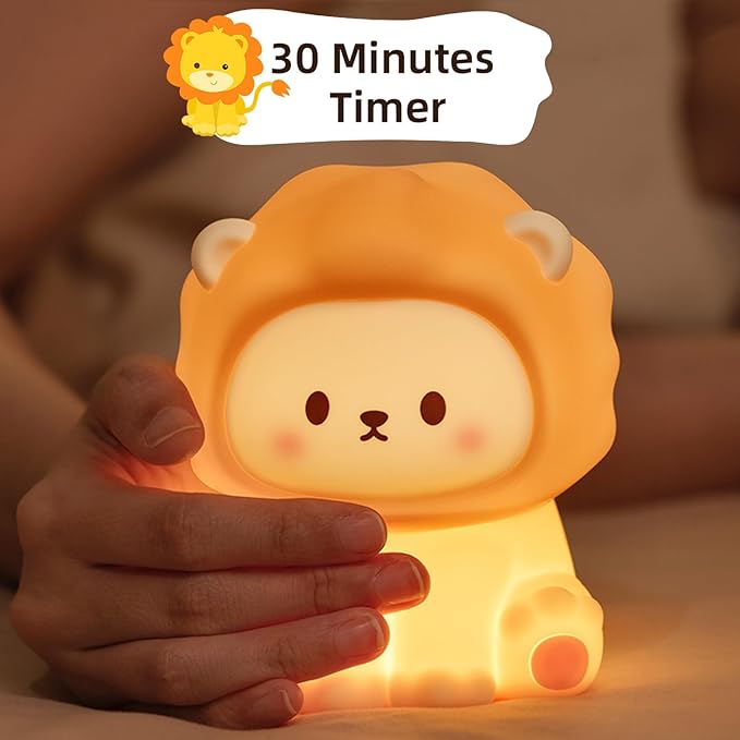 Lion Kids Night Light, Rechargeable Silicone Toddler Night Light with Tap Control, Soft Anti-Glare LED Nursery Lamp, 1200mAh Portable Bedside Lamp for Baby Room Decor