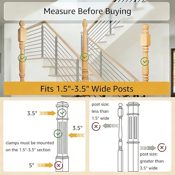 beeNbkks Clear Dog Gate for Stairs, No Bottom Bar 30" Tall Pet Barrier with 4 Banister Adapters, Fits 1.5"-3.5" Wide Posts, 29.5"-44.5" (1 Rail) or 30.5"-46" (2 Rails) Wide Opening, Indoor Outdoor Use