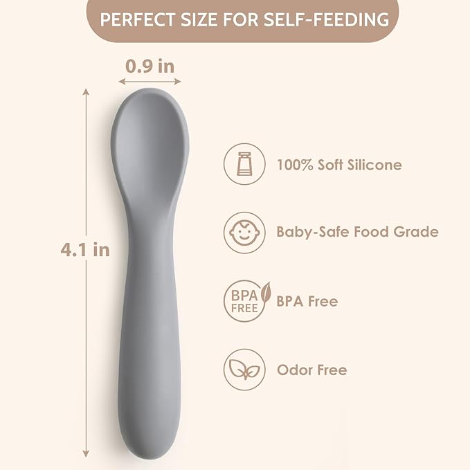 6 Pack Baby Spoons, Shorter Length for Self Feeding, First Stage Spoons, Food Grade Silicone, 6+ Months, Baby Training Spoons, Dishwasher Safe & Boil-proof