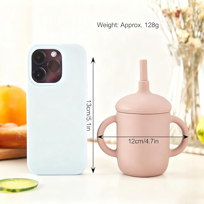 Personalized Silicone Baby Sippy Cup with Straw, Custom Engraved Name Leak-Proof 5oz Toddler Training Cup with Handle & Lid for 6+ Months
