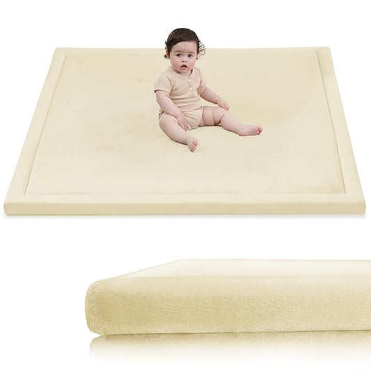 Baby Play Mat for Floor,1.3" Thick Memory Foam Tummy Time Mat,Soft Coral Velvet Nursery Rug,Extra Large Non Slip Crawling Mats for Living Room(Vanilla)