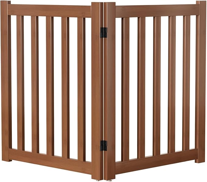 Wooden Freestanding Foldable Dog Gate, 24 Inch Height 2 Panel Pet Gate No Drill for Doorways Stairs, Fully Assembled Indoor Puppy Fence (Teak Color, 40" W x 24" H)