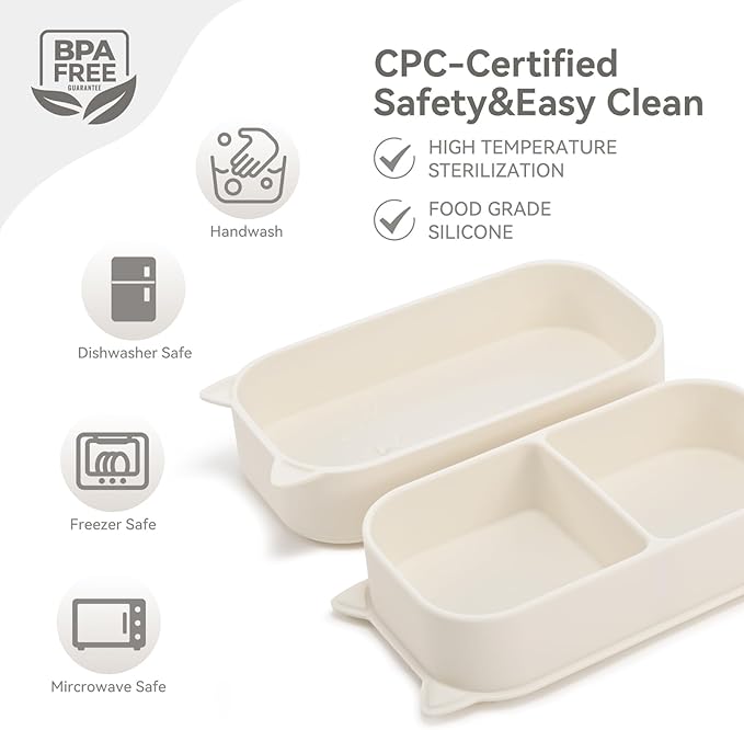 Baby Suction Plates for Toddlers, 6Pcs Travel Silicone Feeding Set for Toddlers/Kids, Foldable, Non-Slip Dishwasher Safe Plates & Utensils, BPA Free, Cat Design Gift Ready (Beige)