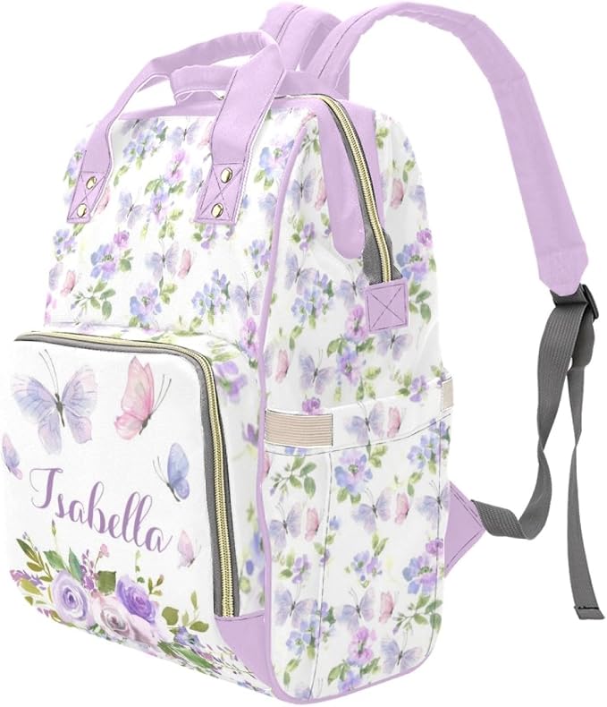 Personalized Diaper Bag Customized Floral Purple Butterfly Waterproof Nursing Bags Custom Mommy Daypack with Name for Travel Outside Daily Use