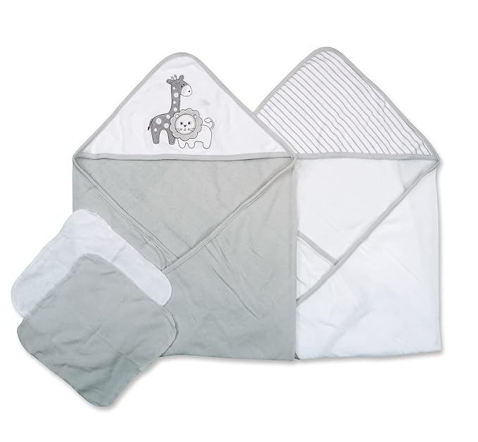 Spasilk Baby 3 Pack Soft Terry Hooded Towel Set for Newborn Boys and Girls Gray Lion One Size