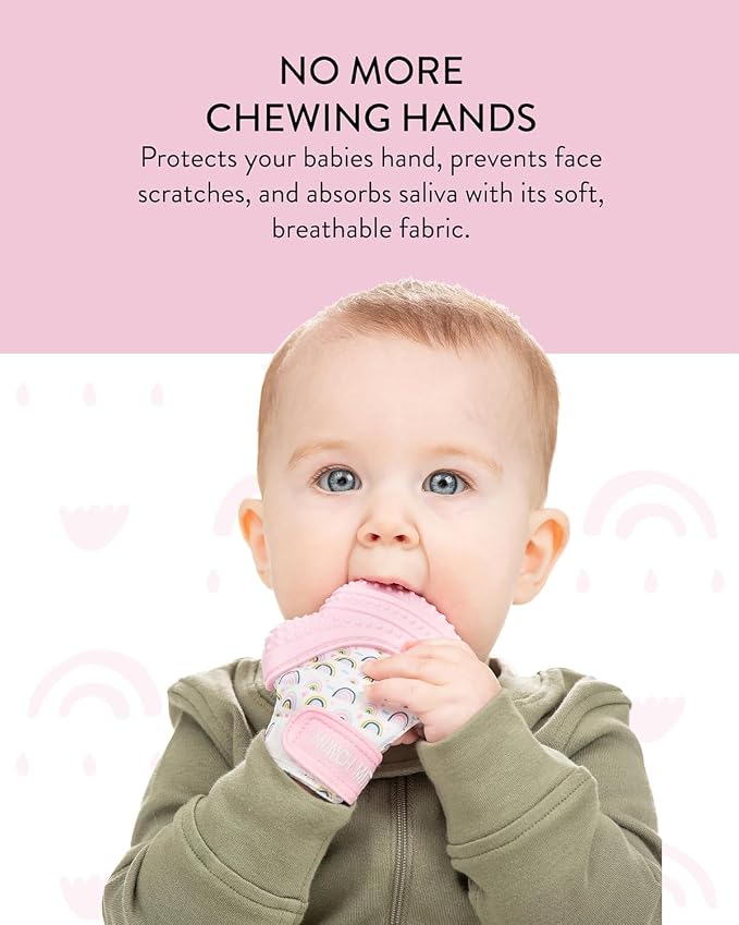 Munch Mitt Patented Teething Mitten Baby Chew Toy - Protects Hands from Chewing & Saliva, Heals Aching Gums, Promotes Sound & Visual Stimulation for Babies - Pink Rainbow