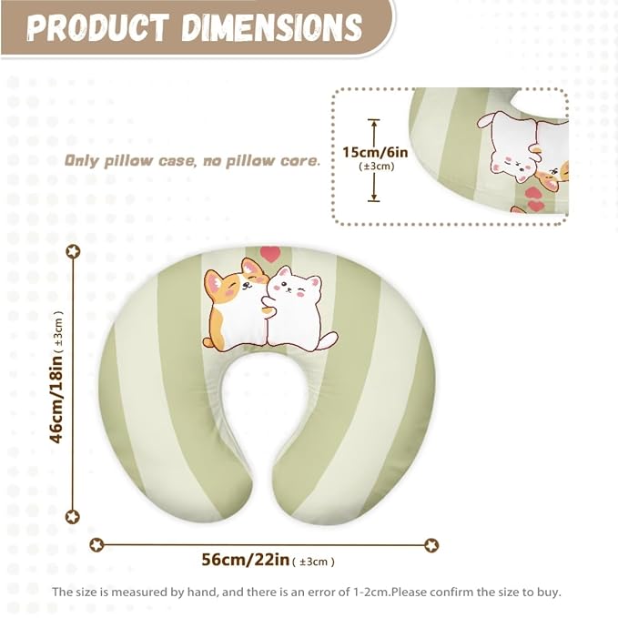 Light Green Stripes Nursing Covers for Breastfeeding Pillows,Cute Kitty Dog Breastfeeding Pillow Cases and Newborn Lounger Cover Slipcover 2 Pack Set for Boy and Girls（Cover Only）