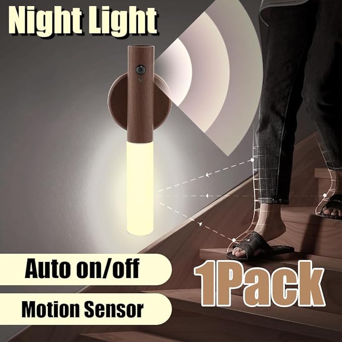 LANDGOO 2-Pack Magnetic Night Light with Motion Sensor, Walnut Wood Cylindrical Rechargeable LED Lamp Set, White Light Only, Portable Bedside Lights for Bedroom Nursery