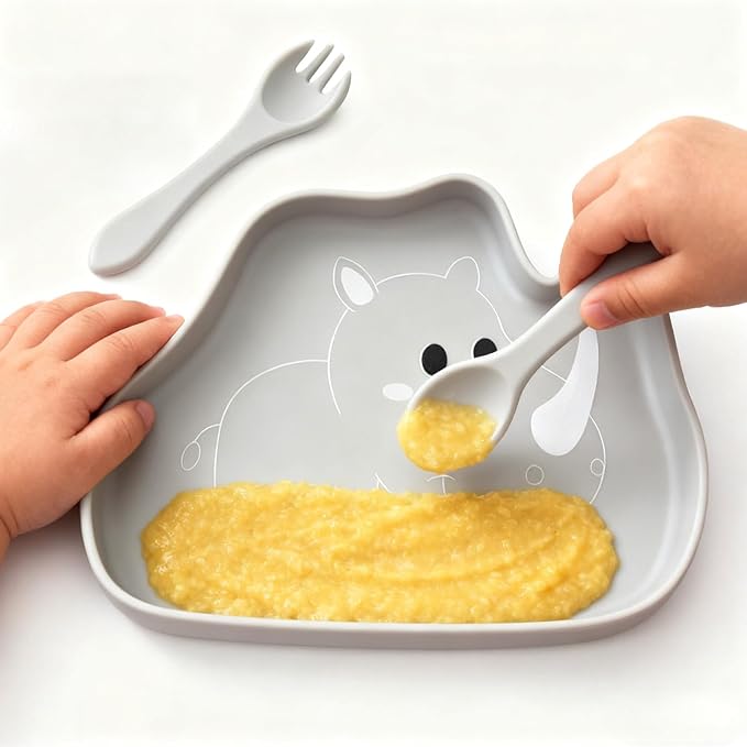 BabyX Baby Silicone Feeder Set, 3-pcs Safari Wildlife-themed Baby Plate with Suction, Spoon and Fork for Babies Toddler Kids, BPA-Free, Baby Utensils Feeding Supplies, Microwave and Dishwasher Safe