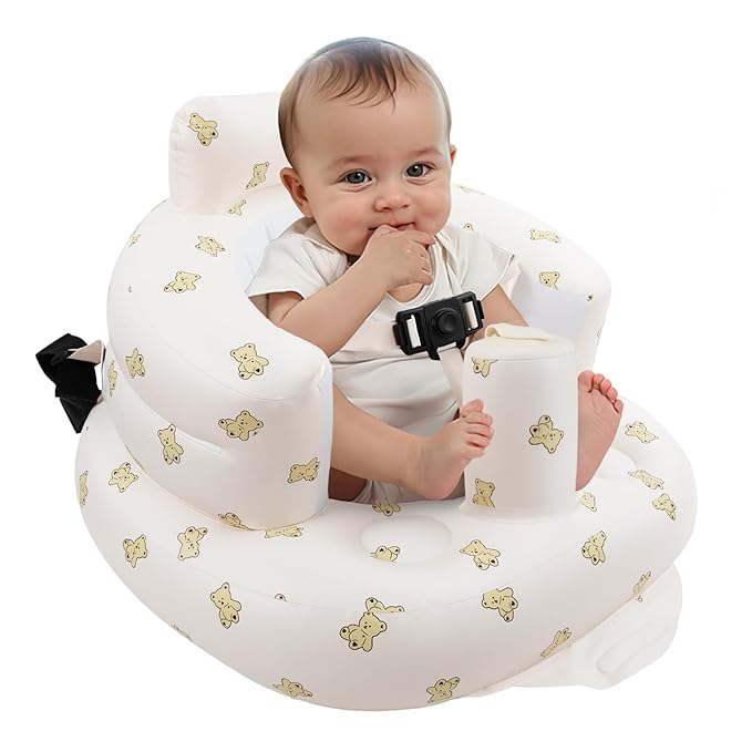 EKEPE Inflatable Baby Seat with Harness for Babies 3 Months & Up, Baby Floor Chair for Sitting Up, Baby Seats for Infants, Blow Up Baby Chair with Built in Air Pump - Bear