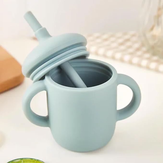 Personalized Silicone Baby Sippy Cup with Straw, Custom Engraved Name Leak-Proof 5oz Toddler Training Cup with Handle & Lid for 6+ Months