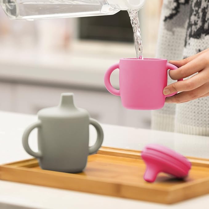 8 Oz Silicone No Spill Sippy Cups For Toddlers and Babies | Dishwasher and Microwave Safe | 2 Pack (Pink/Gray)