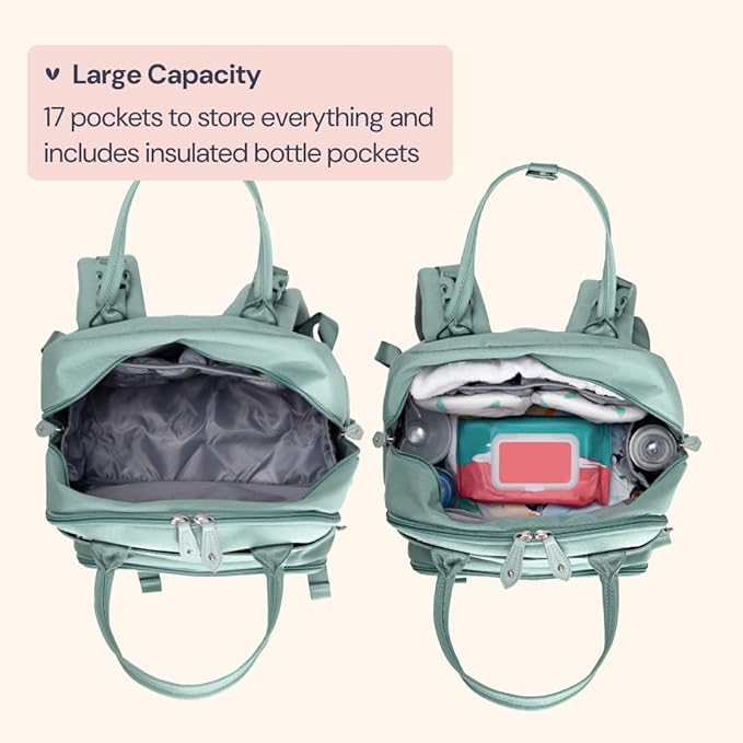 BabbleRoo Diaper Bag Backpack - Baby Essentials Travel Bag - Multi Function Water Resistant Diaper Bag, Travel Essentials Baby Bag with Changing Pad, Stroller Straps & Pacifier Case ??Sage Green