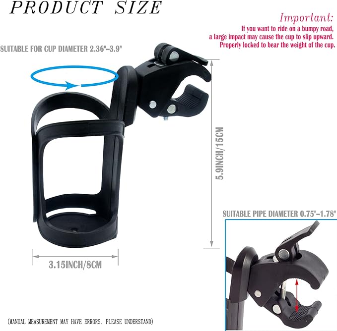 NCGDPZY Universal Bike Cup Holder, 2-Pack 360° Rotatable Large Caliber Design Cup Holder for Bike, Stroller, Wheelchair, Walker & Scooter, High-Strength Nylon, One-Click Lock System, Black