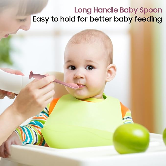 Baby Spoons, BEMEI Silicone Baby Spoons Self Feeding 6+ Months, Soft & Gentle Textured Baby Feeding Spoon with Fixed Suction Cup, Dishwasher Safe 【grey+kahaki+brown】