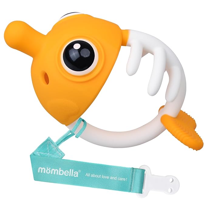 Mombella Clownfish Teethers for Babies 3-6 Months, Baby Teething Toys 6-12 Months with Lanyard to Attach on, Silicone Tether with Different Textures to Gnaw, Ergonomic for Little Hands, Saffron