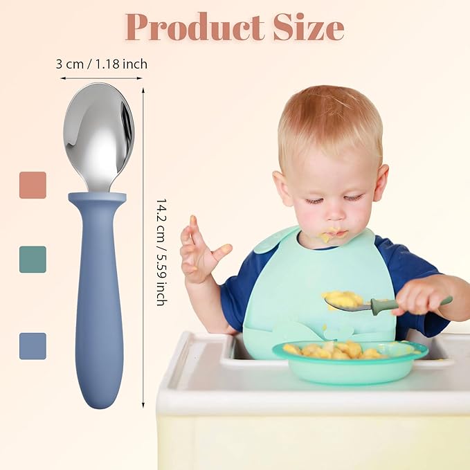 Pimoys 6-Pack Stainless Steel Toddler Spoons Baby & Kids Utensils for Self-Feeding Plastic Handle Dishwasher Safe