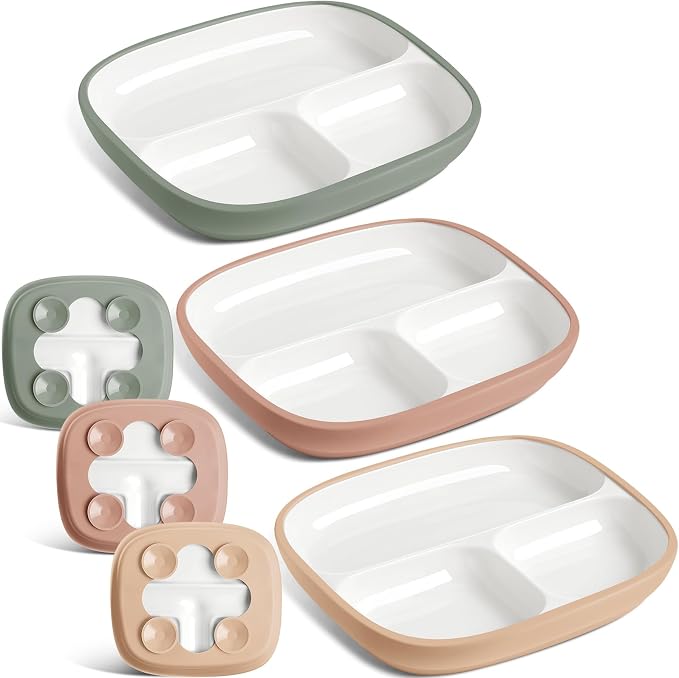 Domensi Kids Porcelain Plates with Silicone Sleeves 8.2 Inch Divided Porcelain Plate Toddler White Suction Dishes for Baby Troubleless Eating Microwave Dishwasher Safe(Vibrant,3 Set)