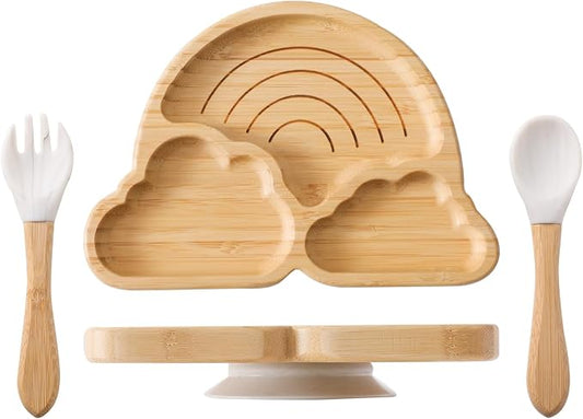 let's make Marble Plate Set, 4 Pieces Bamboo Suction Place Setting for Baby-Led Weaning Feeding Set, Rainbow Design