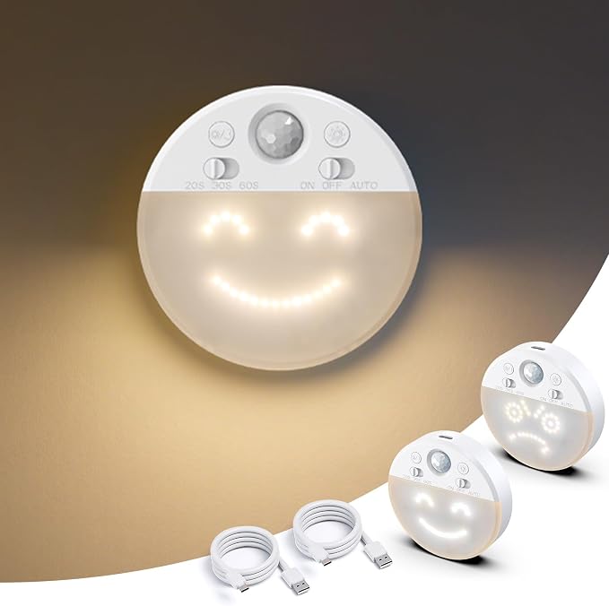 MY BEAUTY LIGHT Motion Sensor LED Night Light with 4 Facial Expressions, 2 Pack 3000K Soft Warm White Dimmable Hallway Light, Rechargeable LED Wall Sconces with Timer, Mood Light for Kids Adults