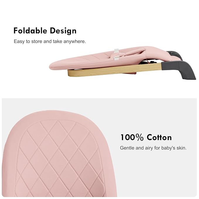 Foldable Baby Bouncer, Baby Seat with 3 Adjustable Heights, Portable Newborn Rocker, Ergonomic Bouncy Seat for Natural Bounce, Bouncer for Babies 0-6 Months, Soft Cotton (Pink)