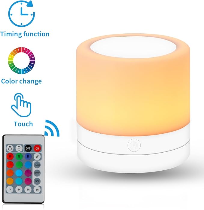 Nursery Night Light for Kids, USB Rechargeable Small Desk Lamp,13 RGB Colors & 4 Brightness & 1 Remote, Touch Bedside Cordless Table Lamp, Portable Night Lamp for Bedroom Living Room (2 Pack White)