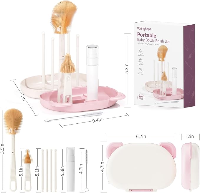 Portable Baby Bottle Clean Brush Set, Lightweight Ultra-Thin Storage Box, Includes Bottle Brush, Pacifier Brush, Soap Dispenser, Straw Brush, Drying Rack, Storage Box, Easy Clean